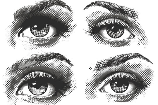 A set of halftone collage eye for mixed media design. Open human eye in halftone texture, dotted pop art style.