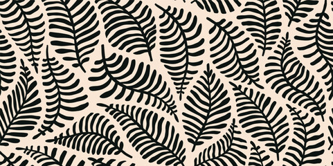 monochrome abstract palm leaves geometric seamless pattern.