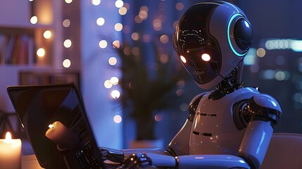 Fototapeta premium a robot with on his head sits in front of a laptop.