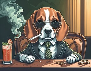 Mafia big beagle dog hand in smokes cigarettes and Wears dark glasses that sitting in a restaurant on retro color