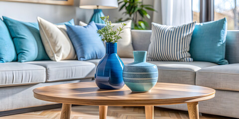 Minimalist Blue Ceramic Vase on Wooden Table in Modern Living Room. Perfect for: Interior Design Inspiration, Home Decor, Modern Living Spaces.