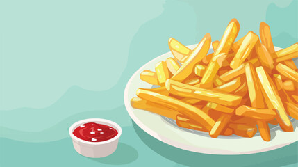 Plate with tasty french fries ketchup and salt on lig