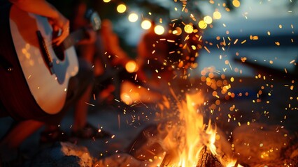 A blurred group of friends around a campfire at night, holding a guitar, with a bokeh effect, fire sparks flying in the air, a campsite in the background, warm light from bonfires, an evening sky