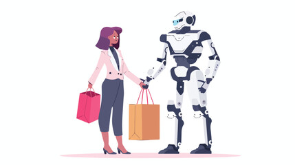 Woman and robotized assistant with shopping bags flat