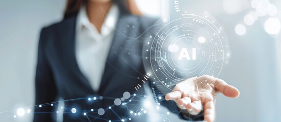A businesswoman is presenting a futuristic AI technology concept with an advanced interface, showcasing innovation in the tech industry. She exhibits a professional demeanor in formal attire
