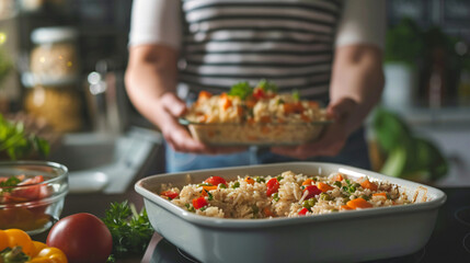 Woman with tasty rice casserole in kitchen closeup