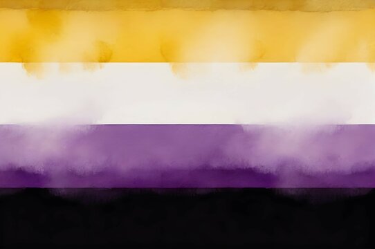 Painted non-binary flag background, yellow, white, purple, black stripes with paint stains and smudges