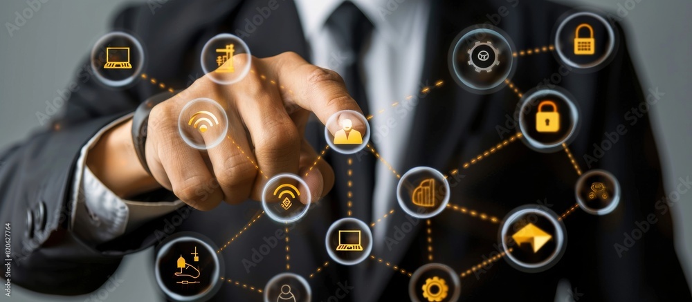 Poster A businessman is using a digital interface to explore network and security solutions. The interaction includes technology, internet connectivity, cybersecurity, and business solutions