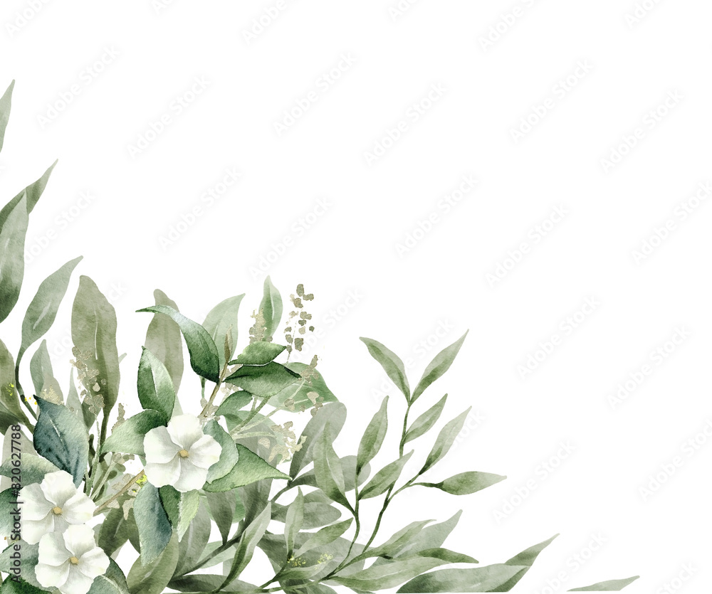 Wall mural watercolor greenery leaves and jasmine blossom branch frame. ideal for creating invitations, greetin