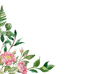 Watercolor greenery leaves and Peony Flower  corner border. Wildflowers for wedding invitations and greeting cards