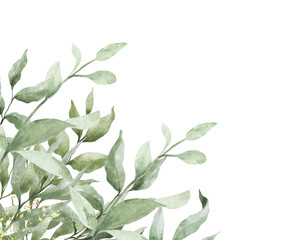 Watercolor Greenery Leaves Frame. Corner border for wedding invitations and greeting cards