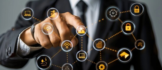 A businessman is using a digital interface to explore network and security solutions. The interaction includes technology, internet connectivity, cybersecurity, and business solutions