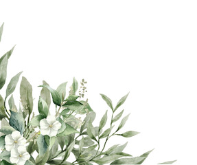 Watercolor Greenery Leaves and jasmine blossom branch Frame.  Ideal for creating invitations, greeting and wedding cards