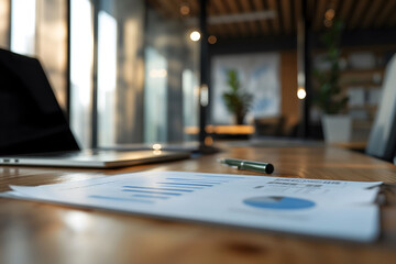 Modern office workspace with charts, pen, plant, coffee mug, and laptop