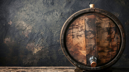 Wooden barrel of wine on dark background