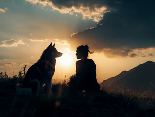 AI generated image of young woman sitting outdoor with her dog on summer evening, silhouetted by sunset in the sky. Dusk bonding: Silhouettes of owner and dog sit, savoring the sunset