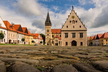 Ancient medieval historical square. Row of Houses on the town hall square in historical square in...