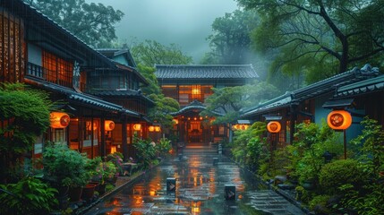 A quaint tea house in Kanazawa, surrounded by lush greenery and drizzling rain