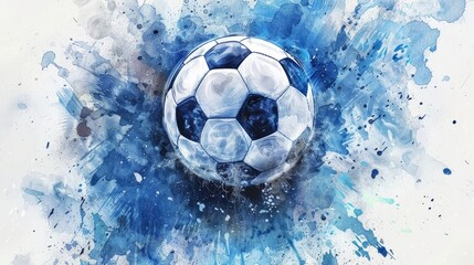 Naklejka premium Abstract soccer ball watercolor art with blue sport print, creative wall decoration. Generative AI