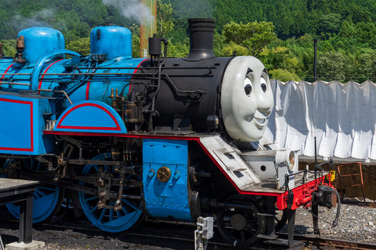 Shizuoka, Japan - April 10 2022: Thomas the Tank Engine steam locomotive at Oigawa railway station in Shizuoka Prefecture, Japan.