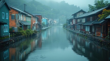 Naklejka premium A rainy day at the Otaru Canal, with old warehouses reflecting in the water