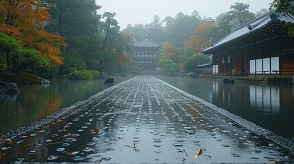 A rainy day at the peaceful Ryoan-ji rock garden in Kyoto