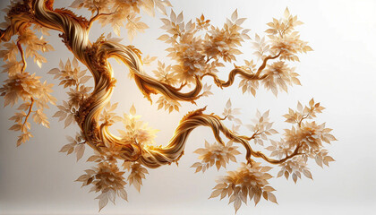 Surreal 3D ancient tree branch made by gold and translucent glass leave isolated on white background with copy space in concept luxury.