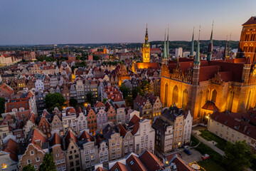 Obraz premium Aerial summer evening view of Gdansk old town, Poland