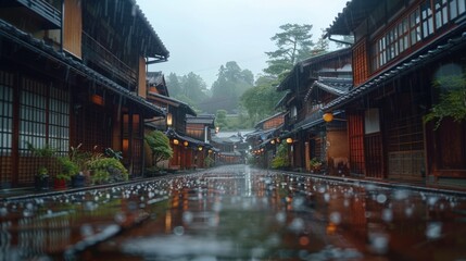 Obraz premium A rainy day in the old town of Takayama, with traditional wooden buildings lining the wet streets