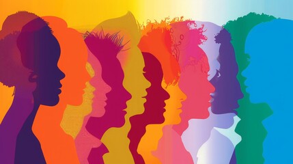 Colorful silhouettes of a diverse and multicultural community. Illustration of a multiethnic group of people, portraits in simple colors
