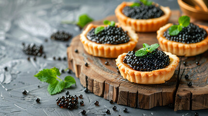 Wooden board of tasty tartlets with black caviar on gr