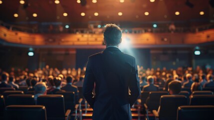 Fototapeta premium Back view of motivational speaker standing on stage in front of audience for motivation speech on conference or business event.