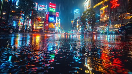 Rain-soaked streets of Tokyo's Shibuya Crossing, vibrant neon lights reflecting on wet pavement