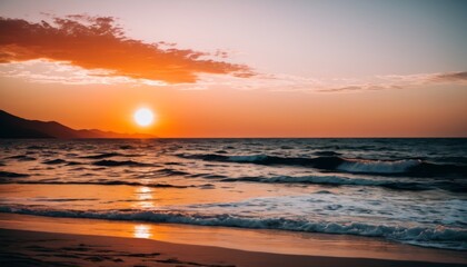 The sun sets on the horizon, casting a warm glow over the rolling waves of the ocean.. AI Generation