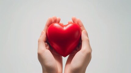 Fototapeta premium Hands gently holding a red heart object against a white background.