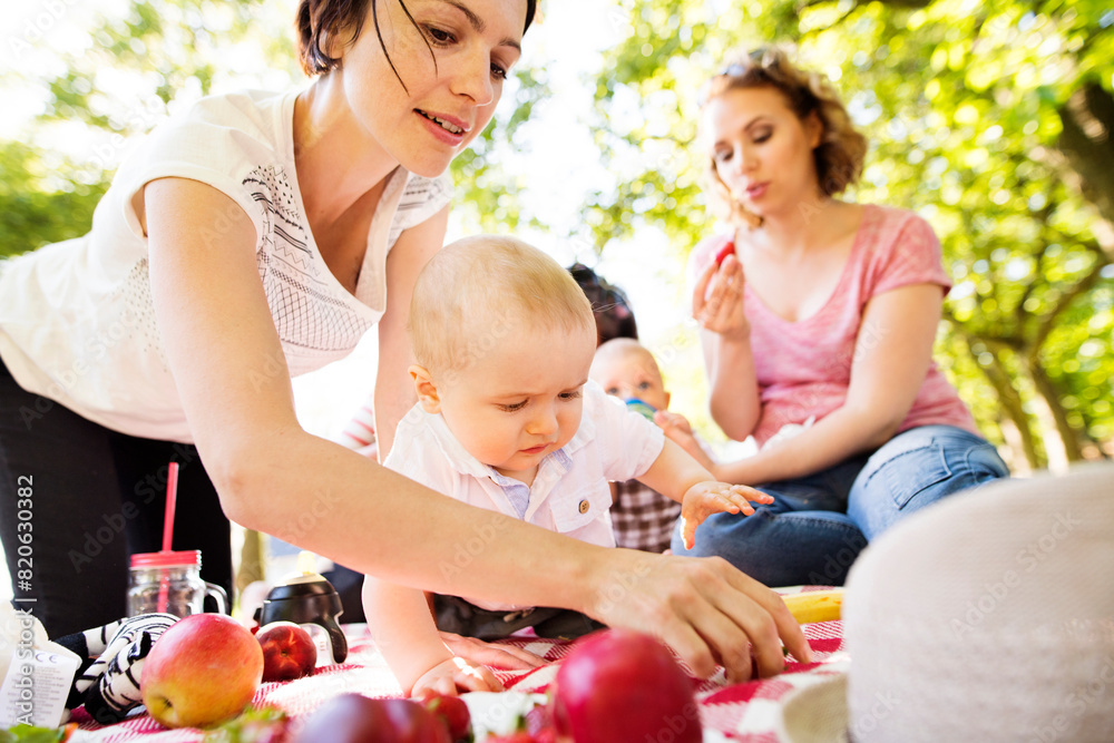 Wall mural mothers and babies enjoying group picnic outdoor in park, sitting on picnic blanket and preparing fo