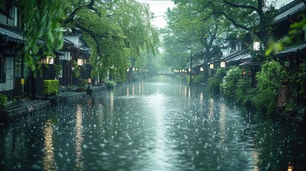 Rain falling gently on the historic streets of Kurashiki, reflections of willow trees in the canal
