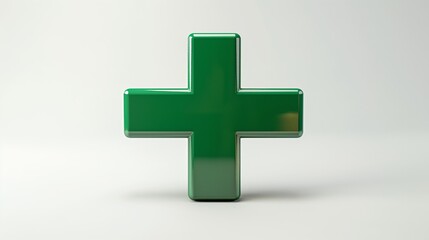 Obraz premium 3D illustration of glossy green medical cross sign against plain background.