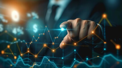 A businessman is examining financial data using a digital interface for analysis, reflecting on graphs and trends to make strategic decisions in a modern technological environment