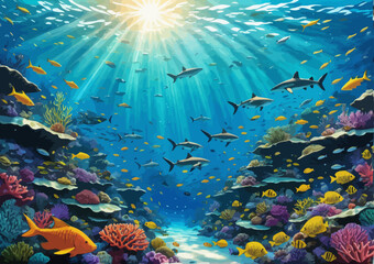 Fototapeta na wymiar a painting of a coral reef with a lot of fish