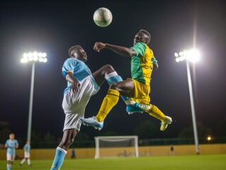 Two soccer players in mid-air battle for the ball during a night game, showcasing athleticism and competition.