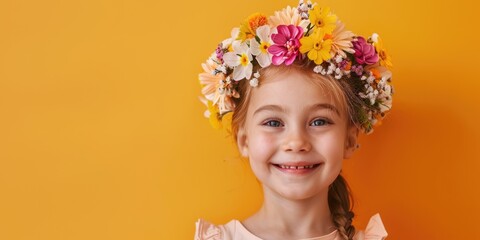 young smiling child face with blooming floral hat on orange background