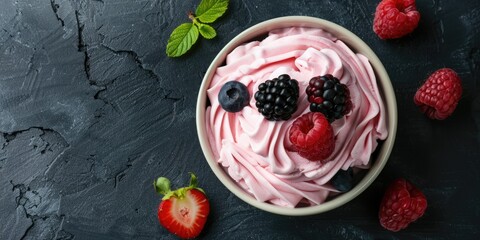 fruit ice cream with raspberries, strawberries and blackberries on dark slate background