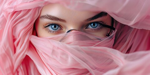 beautiful woman covered face with pink fashional scarf