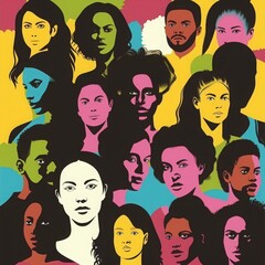 Colorful silhouettes of a diverse and multicultural community. Illustration of a multi-ethnic group of people, crowded people