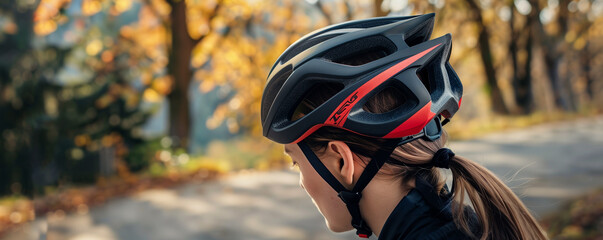 Woman in Black and Red Bike Helmet Riding in Autumn Park