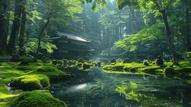 The tranquil Saiho-ji (Moss Temple) in Kyoto, with vibrant green moss glistening with rain