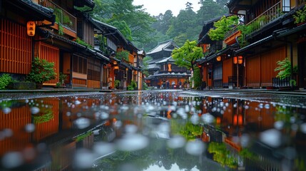 Fototapeta premium Traditional wooden houses of Kyoto in the rain, with reflections in puddles