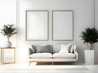 Blank horizontal poster frame mock up in scandinavian style living room interior, modern living room interior background, beige sofa and pampas grass, 3d rendering