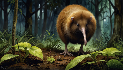 Obraz premium Watercolor painting: A kiwi using its long, slender bill to probe the forest floor for insects, its keen sense of smell guiding it through the dark undergrowth.